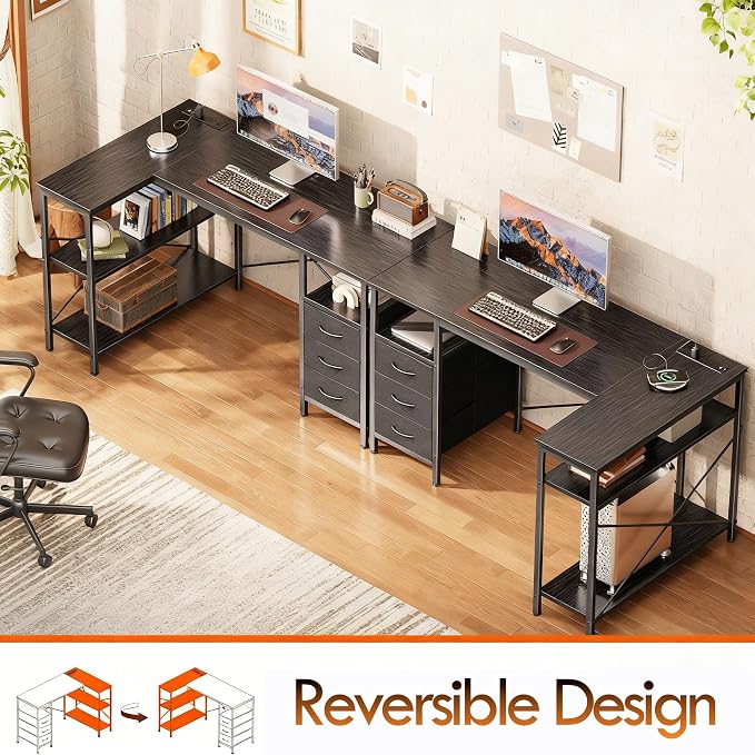 Alpen Computer Desk with Drawers, L Shaped Desk for Bedroom with Power Outlets, Gaming Table with Storage Shelves, Corner Desk for Gaming, Study Writing PC Table, 47.2 Inch, Black