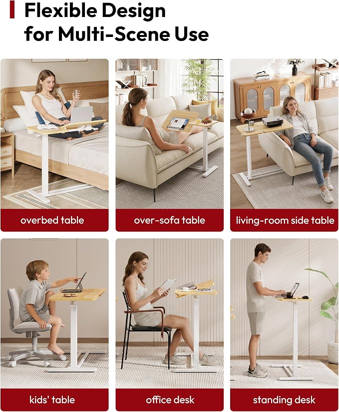 SANODESK Small Rolling Overbed Table Adjustable Height with Wheels, Mobile Laptop Desk with Tilting Desktop, Portable Computer Workstation for Home Office, Classroom, Bedside, Maple