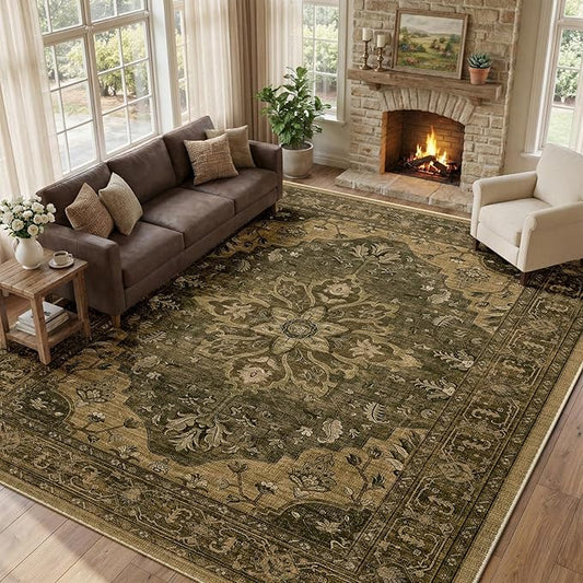 RELEANY Area Rugs Large 10'x14' Washable Non-Slip, Floral Vintage Distress Medallion Carpet for Living Room Bedroom Dining Room, Brown Dark Brown