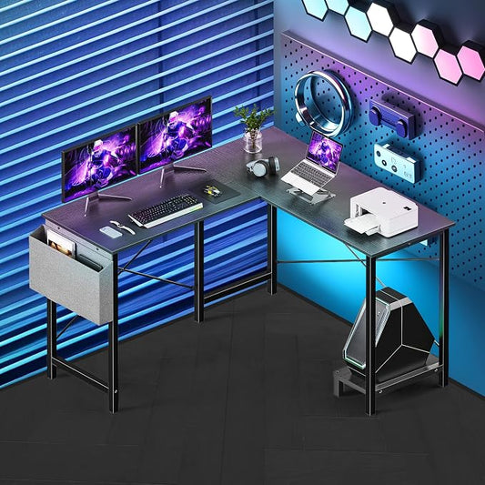 L Shaped Desk Gaming Computer 50 Inch Corner Desks Work Table for Writing Study Student with Wood Tabletop Metal Frame CPU Stand Side Bag for Home Office Small Place, Black