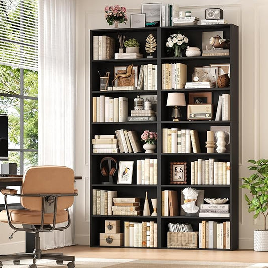 FACBOTALL 82" Tall Bookshelf Set of 2, 7-Tier Double Open Shelves Bookcase,Freestanding Display Storage Shelves, Tall Bookcase Home Decor Furniture for Home Office,Living Room,Bedroom, Black