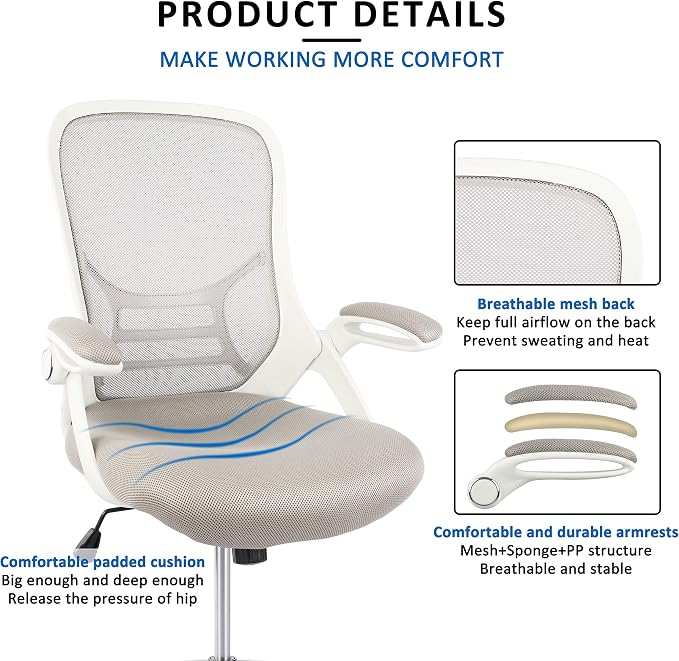 HYLONE Drafting Chair, Tall Office Chair Standing Desk Stool with Adjustable Foot Ring, Flip-Up Arms, Mesh High-Back Drafting Table Chair, White & Grey