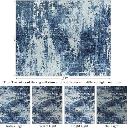 9x12 Area Rug Living Room Rugs - Washable Rug Large Modern Abstract Soft Thin Carpets Indoor Floor No Slip Vintage Carpet for Bedroom Under Dining Table Nursery Home Office Decor Deep Blue