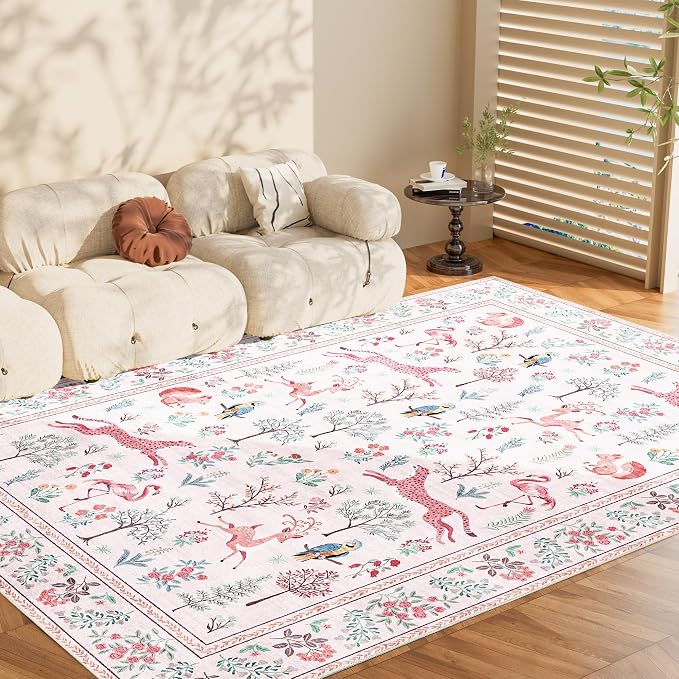 DUKINO 5x7 Rug, Washable Animal Living Room Rug with Non Slip Vintage Design, Soft Low Pile Large Carpet for Bedroom, Nursery, Dining Room, Farmhouse, Playroom, Pink