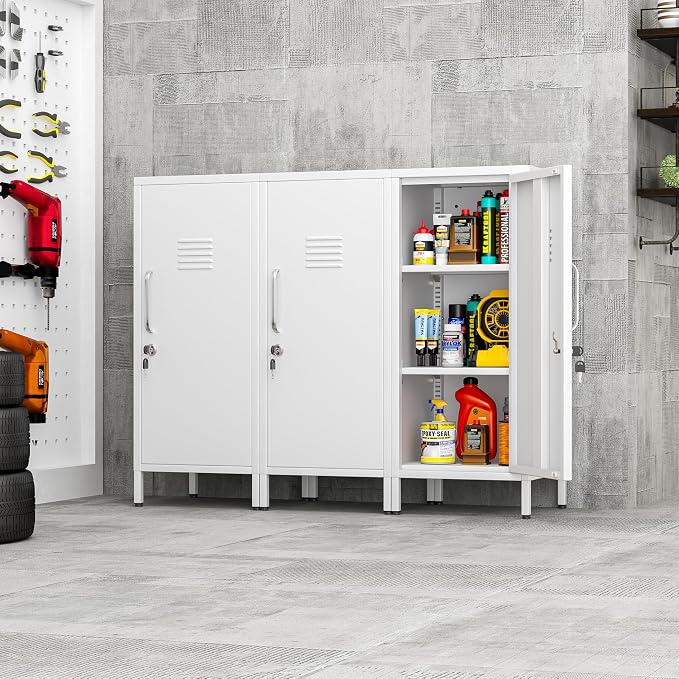 pozdeg 35.43" Metal Storage Locker with Lockable, Metal Steel Locker for Employees with 1 Door & 2 Adjustable Shelves, Small Locker Storage Cabinets for Home, School, Office, Gym (White)