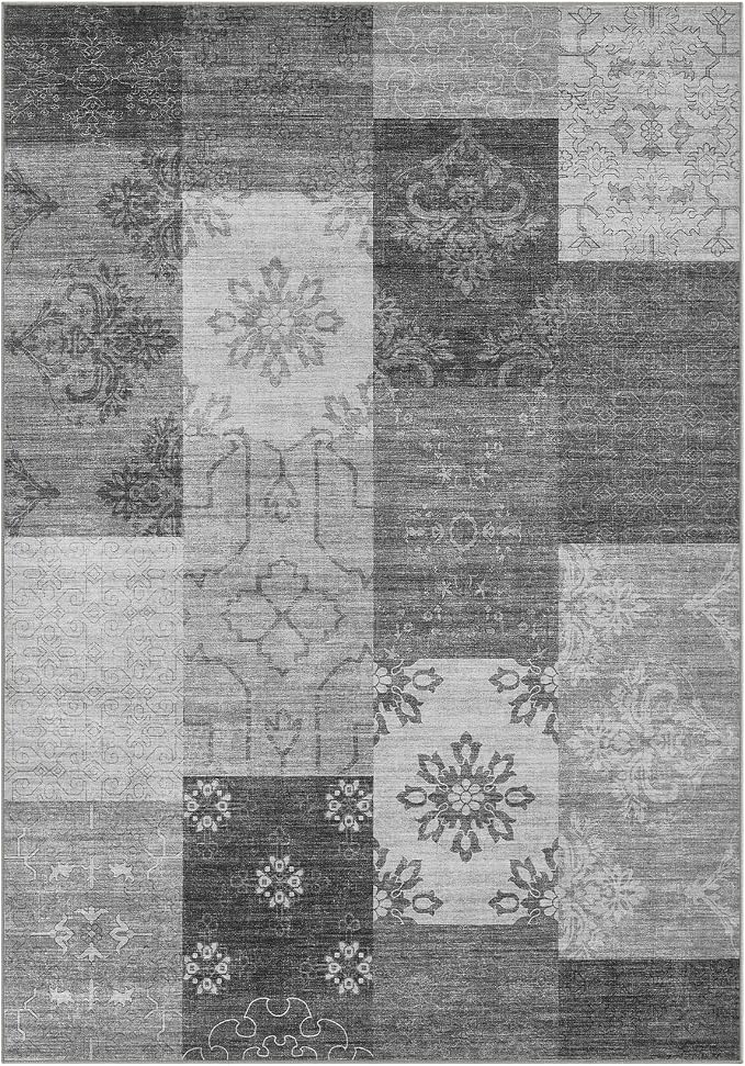UERMEI 5x7 Area Rug for Living Room - Washable Vintage Carpet, Non-Slip Soft Large Indoor Floor Rugs for Bedroom Home Office & Under Dining Table Decor, Gray Block