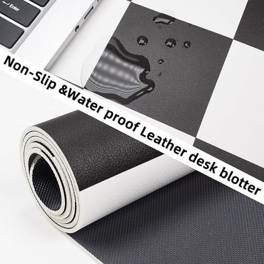Non-Slip Checkered Desk Mat, 31.5"x12", White Black | Waterproof PU Leather, Large Blotter, Easy Clean, For Work/Home/Decor