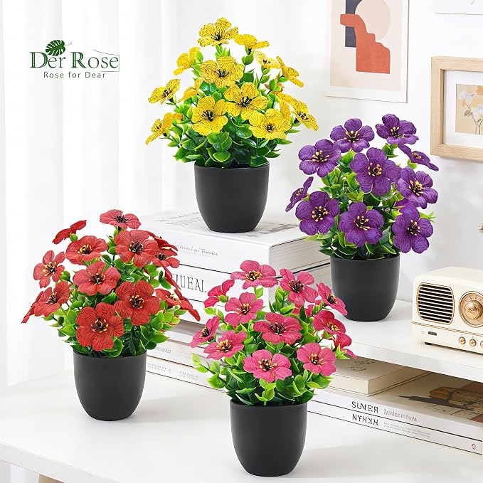 Der Rose 4 Pack Fake Plants Artificial Flowers with Fragrance Tablets for Black Bathroom Bedroom Office Desk Spring Decor