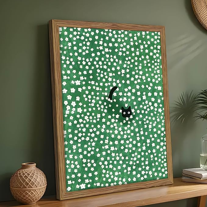 Framed Floral Black Cat Canvas Wall Art, Cute Black Cat in Daisy Field Painting, Animal Poster Print, Modern Home Aesthetic Wall Decor, Flowers Canvas Artwork for Bedroom Living Room 16x24 inch