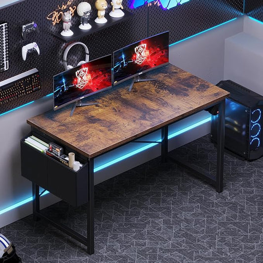OLIXIS Computer Desk, 47 Inch Home Office Desks for Small Spaces, Writing Craft Study Gaming Table for Bedroom, Modern Computer Workstation with Storage Bag and Headphone Hook, Rustic Brown
