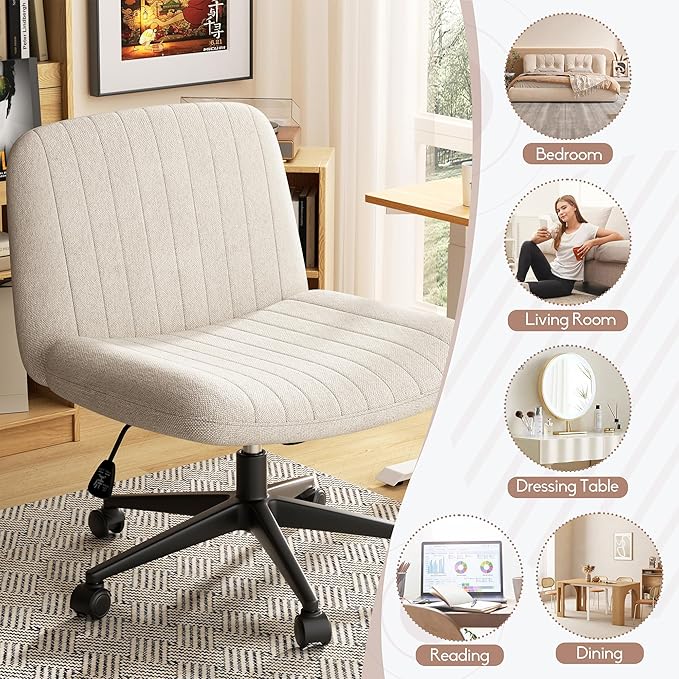 SUNLEI Cross Legged Office Chair, Armless Wide Chair's for Vanity Desk, Criss Cross Comfy Chairs with Back, Desk Chair/s of Height Adjustable Swivel, White