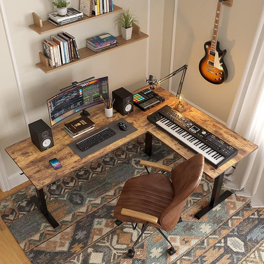 FEZIBO 75 Inches, Supports Over 300lbs, Large L Shaped Standing Desk, Electric Height Adjustable L Shaped Desk, Suitable for Home Office, Rustic Brown Top/Black Frame