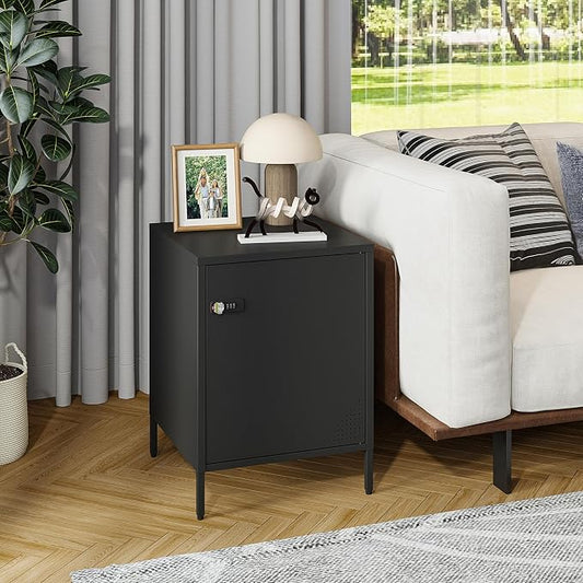 Steehoom Locker Nightstand with Lock and Adjustable Shelf, Dorm Lockable Cabinet Metal Bedside Table with Digital Combination Lock, Secure Storage End Table for Bedroom Office (Black)