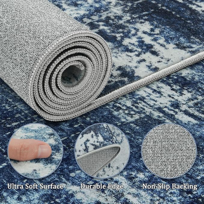 9x12 Area Rug Living Room Rugs - Washable Rug Large Modern Abstract Soft Thin Carpets Indoor Floor No Slip Vintage Carpet for Bedroom Under Dining Table Nursery Home Office Decor Deep Blue