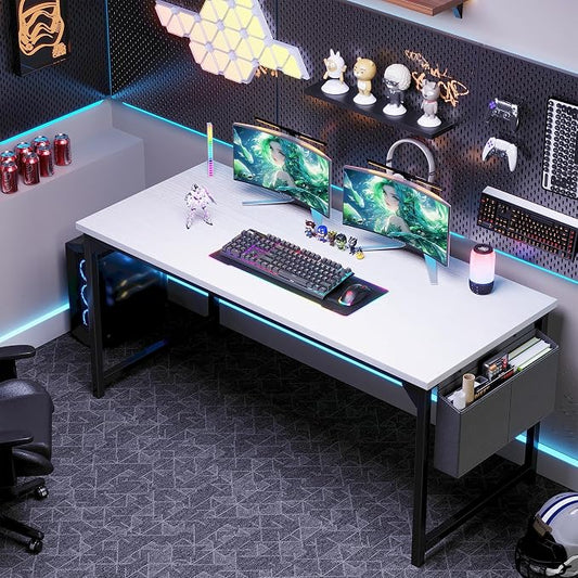 OLIXIS 63 Inch Computer Desk for Home Office, Writing Study Craft Gaming Table, Modern Computer Workstation with Storage Bag for Bedroom Small Spaces, White