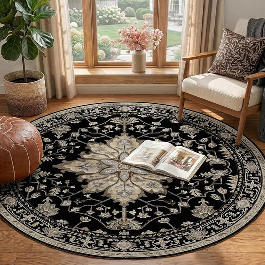 RELEANY Area Rugs Round 4ft Washable Non-Slip, Floral Vintage Distress Medallion Carpet for Living Room Bedroom Dining Room, Black Brown Neutral Dark Tan