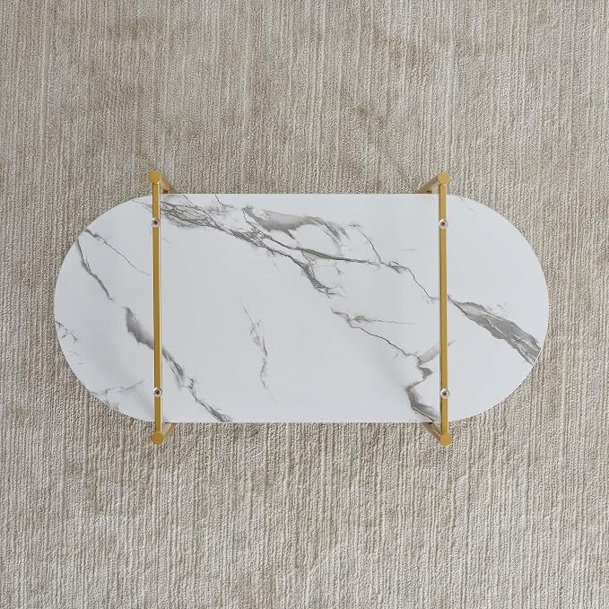 LumFurn Oval Coffee Table, Mid-Century Modern Design, L41 x W21 x H17 inch, for Living Room, Clear Glass Top, White Marble Finish Wood Shelf & Gold Finish Frame