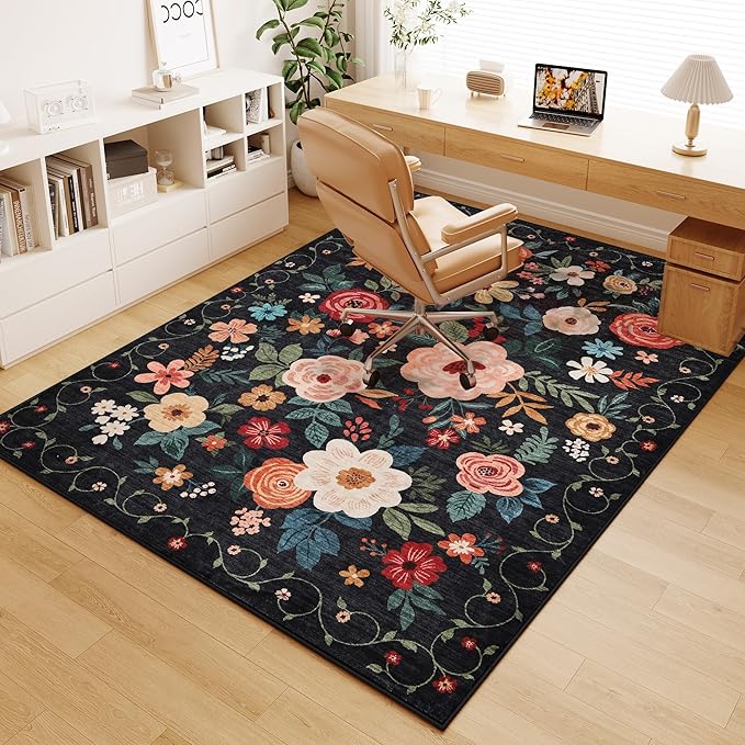DUKINO 5x7 Area Rug, Floral Design, Lightweight Non Slip Washable, Indoor Low Pile & Non-Shedding Boho Rug for Bedroom, Living Room, Dining Room, Black