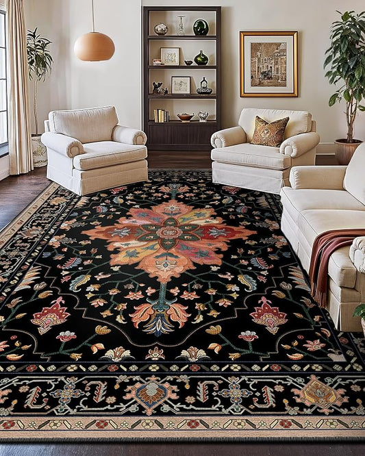 RELEANY Area Rugs Large 10'x14' Washable Non-Slip, Floral Vintage Distress Medallion Carpet for Living Room Bedroom Dining Room, Black Colorful Floral Dark Tan
