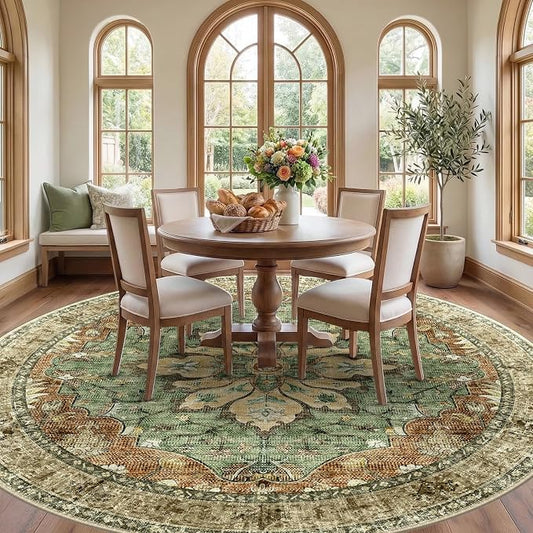 RELEANY Area Rugs Round 8ft Washable Non-Slip, Floral Vintage Distress Medallion Carpet for Living Room Bedroom Dining Room, Terracotta Burnt Orange Green