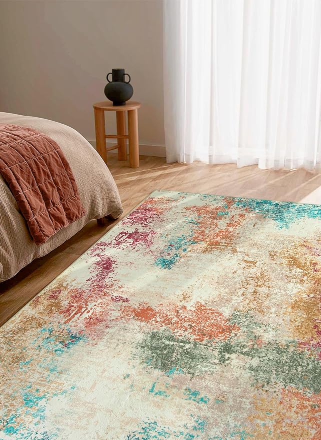 Lahome Modern Abstract 5x7 Area Rugs, Ultra Thin Washable Rug for Living Room Bedroom Non Slip, Low Pile Multi Color Soft Indoor Colorful Throw Carpet for Office Kitchen Playroom