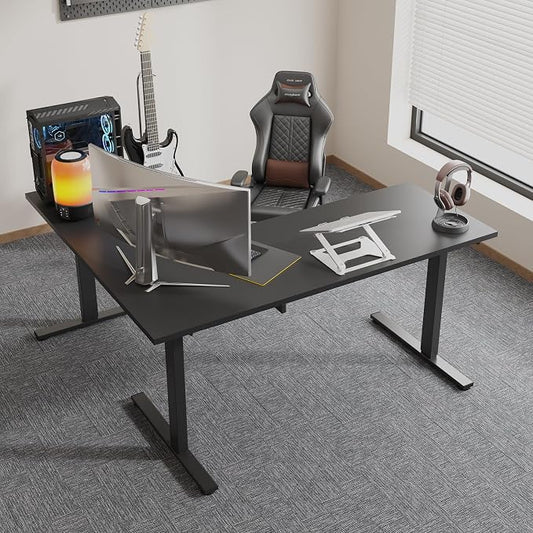 SANODESK Electric Corner L-Shaped 71 x 63 in Standing Desk, Memory Height Adjustment, Black Top Black Frame