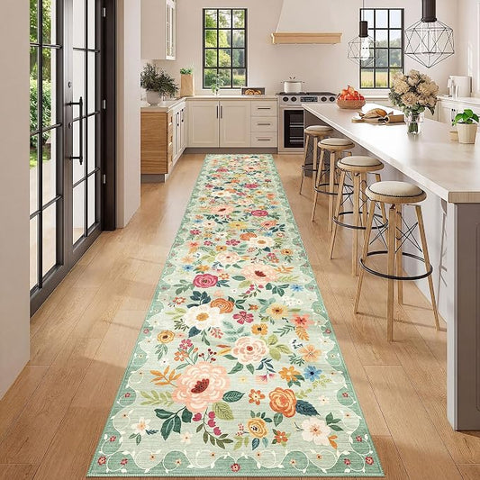 DUKINO 2x12 Washable Runner Rug, Ultra Soft Floral Runner Rug for Hallway, Boho Non Slip & Non Shedding Indoor Entryway Carpet for Kitchen, Laundry Room, Bathroom, Bedroom, Entrance, Green