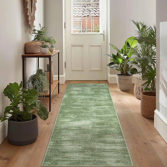 BILEEHOME 2x6 Runner Rug for Hallways Non Slip Washable Neutral Abstract Modern Olive Green Area Rug for Kitchen Laundry Room Dark Green Floor Covering Carpet 2 x 6