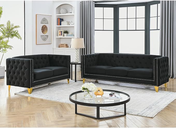 mikibama 2PC Velvet Sofa Couch Set for Living Room,Button Tufted 3 Seater Sofa and 2 Seater Loveseat Couch,Modern Upholstered Sofas with Nailhead Trims,Golden Metal Legs for Bedroom