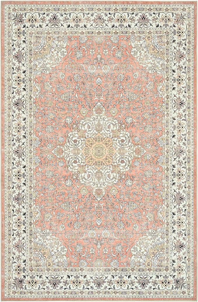 Goideal Washable Rug 8x10, Vintage Area Rugs Non Slip, Indoor Low Pile Carpet with Rubber Backing for Living Room Kitchen Bathroom Entryway Office Bedroom,Dusty Rose