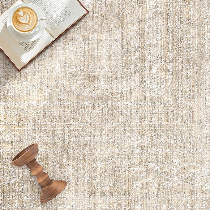 7x9 Area Rug Living Room: Washable Large Neutral Soft Rug Farmhouse Stain Resistant Indoor Non-Slip Floor Carpet for Bedroom Nursery Kids Playroom Office Dining Room Dorm- Beige