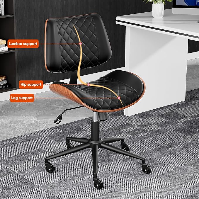 Home Office Desk Chair with Swivel Wheels, Modern PU Leather Armless Office Chair, Small Mid Back Computer Chair for Home Office, Reading Meeting Room (Black, Black Wheels)