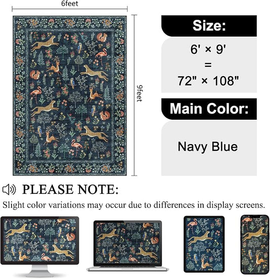 DUKINO 6x9 Rug, Washable Animal Living Room Rug with Non Slip Vintage Design, Soft Low Pile Large Carpet for Bedroom, Nursery, Dining Room, Farmhouse, Playroom, Navy Blue