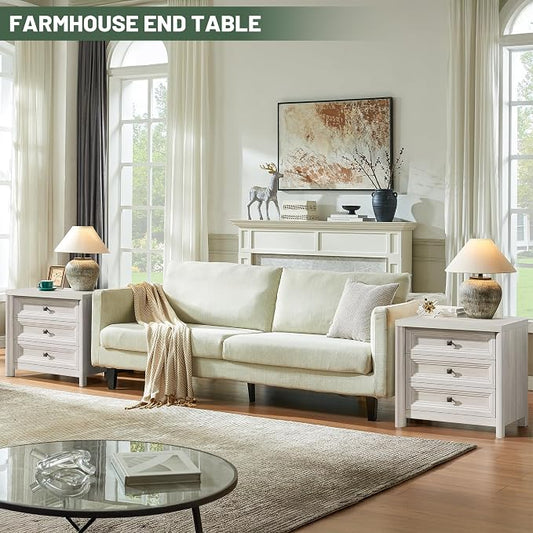 White Nightstand Set of 2, Farmhouse Night Stand with 3 Drawers, Modern Bedside Table with Metal Knobs, Large End Table for Living Room Bedroom Home Office Furniture Storage