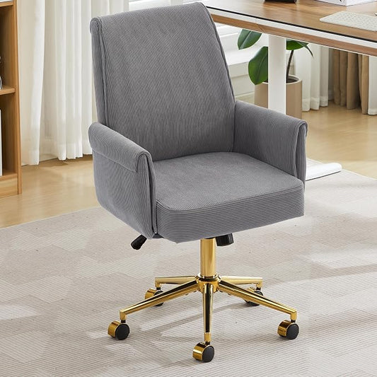 YITAI Stripes Velvet 360°Swivel Desk Chair, Modern Height Adjustable Home Office Armchair with Gold Base and Wheels for Vanity, Comfy Computer Chair for Study Living Room Bedroom(Gray)