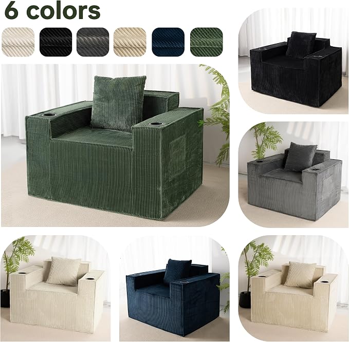 Cloud Single Sofa,Chaise Lounge Chair with Cup Holder & Side Pocket,Elevated Seat Height,No Assembly Required,Boneless Corduroy Chair for Small Space,Bedroom,Office (Green, Single Sofa)