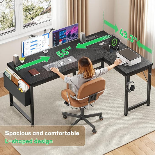 DurayLoly 55" 0.95 Thicker L Shaped Computer Desk for Home Office, Black | Gaming Desk with Power Outlets & LED Lights,Computer Desk for 2 Monitors ,Reversible Corner Desk,220 lbs,Bedroom,Home Office