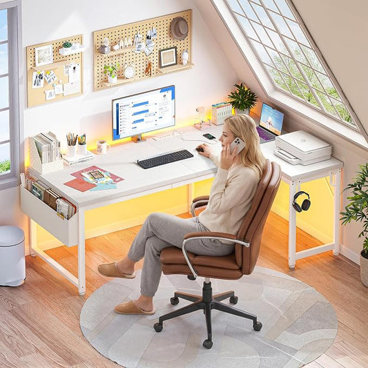 DurayLoly 55" 0.95 Thicker L Shaped Computer Desk for Home Office, White | Reversible Corner Desk with Power Outlet,Gaming Desk with LED Lights,Computer Desk for 2 Monitor,Study Room,Bedroom