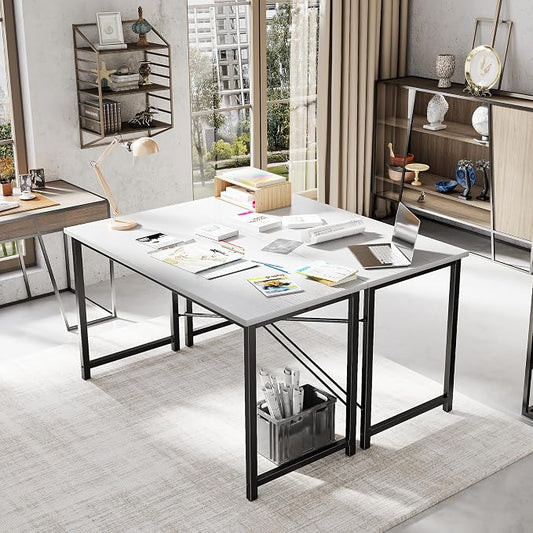 Sweetcrispy Small Computer Desk, 55" Office Writing Desk with Metal Frame & Wooden Tabletop, X-Shaped Reinforcement, Student Study Workstation for Home Bedroom, White