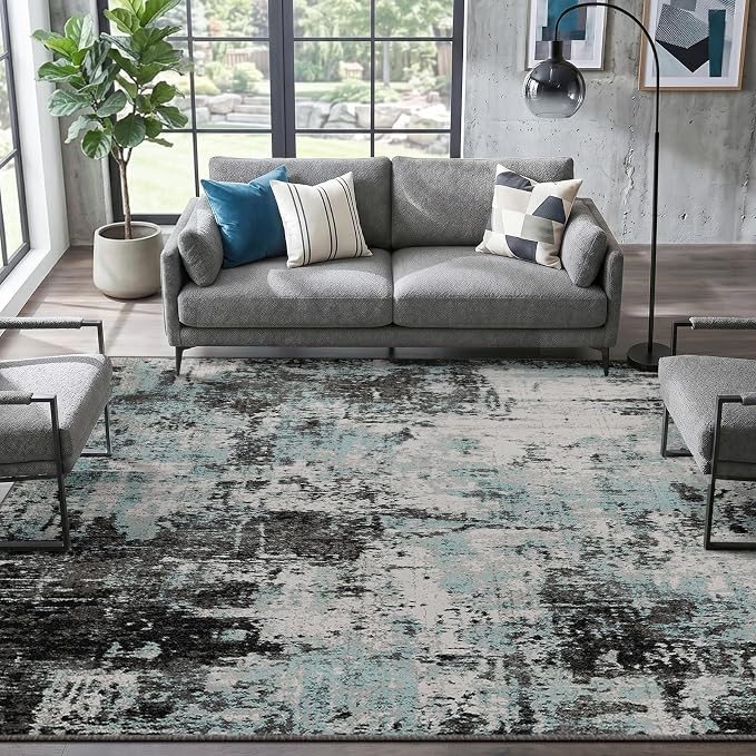 RELEANY Washable Area Rugs 5'x7' Non-Slip Modern Abstract Soft for Living Room Entryway Bedroom Kitchen, Print Pattern, Blue Black Teal