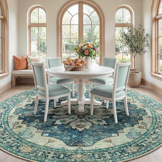 RELEANY Area Rugs Round 8ft Washable Non-Slip, Floral Vintage Distress Medallion Carpet for Living Room Bedroom Dining Room, Dark Blue Vintage