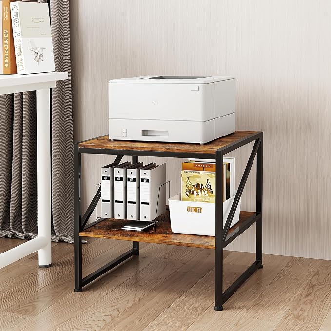 2-Tier Large Priner Stand with Storage Shelf, 20"×20" Under Desk Printer Table for Office, Mini Fridge Stand, End Table for Living Room, Heavy Duty Storage Rack for Scanner Fax Machine, Rustic Brown