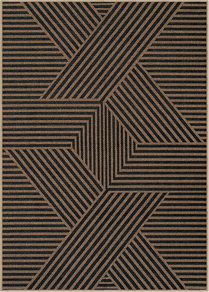 Lahome Enfys Modern Geometric Outdoor Easy Jute Rug, 5x7 Patio Living Room Rug Large Black Carpet for Bedroom, Farmhouse Washable Indoor Outdoor Carpet for Dining Room Backyard Deck