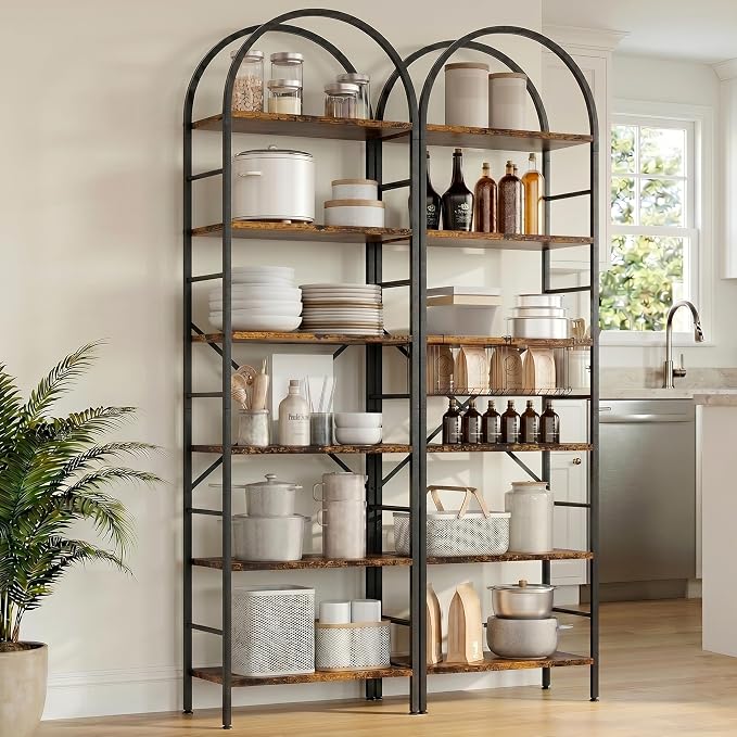 Shintenchi Arched Bookshelf, 6 Tier Bookcase, Tall Storage Shelf, Brown