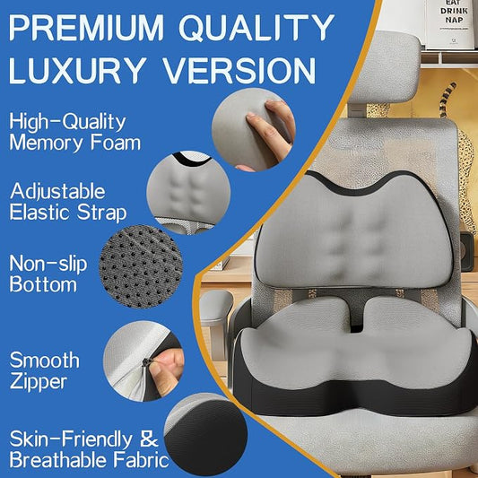 Benazcap Large Memory Foam Seat Cushion Lumbar Support Pillow for Sciatica & Tailbone Pressure Relief Coccyx Pad for Office Chair, Wheelchair, Car, Home, Office, Grey