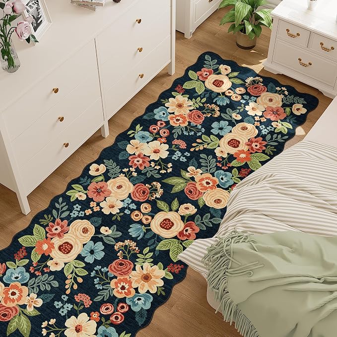 DUKINO 2.6x10 Runner Rug for Hallway, Lightweight Washable Floral Kitchen Rug with Non Shedding, Soft Low Pile & Non Slip Backing Boho Runner for Entryway, Bathroom, Laundry, Bedroom, Navy Blue