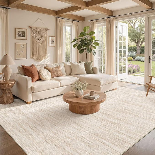 Nakagishi 7X9 Area Rugs Living Room: Washable Large Vintage Rug Neutral Non-Slip Soft Stain Resistant Indoor Carpet for Bedroom Nursery Dining Room Office Playroom - Beige