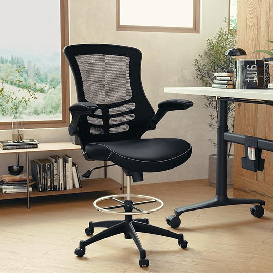 Flash Furniture Kelista Mid-Back Swivel Office Chair with Adjustable LeatherSoft Seat Height, Ergonomic Mesh Chair with Flip-Up Arms, Black