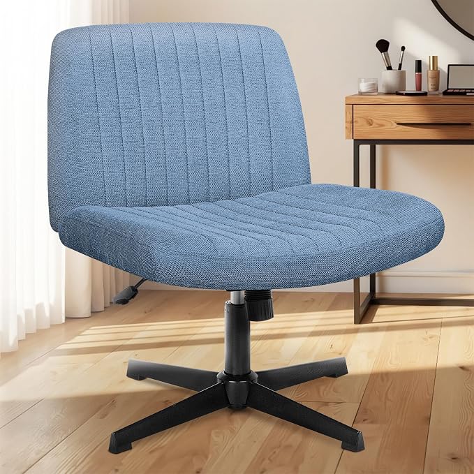 NEO CHAIR Criss Cross Chair No Wheel Vanity Desk Chair Wide Armless Cross Legged Office Comfy Makeup Adjustable Computer Task for Home Office Fabric (Blue)