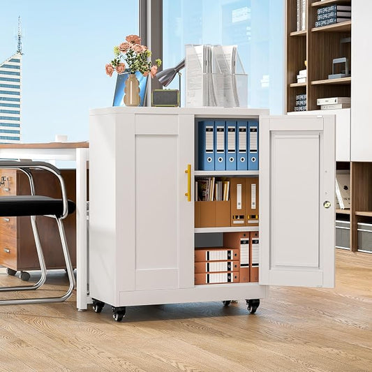 36" Metal Garage Storage Cabinet with Lock and Wheels,Rolling Steel Locker Organizer,Office File Cabinet with 2 Doors and 2 Adjustable Shelves,Tool Cabinets for Home Office,Gym,School (White)